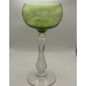 Antique Villeroy & Boch Hock Wine Glass Floral Scrollwork Green Clear Cut Stem